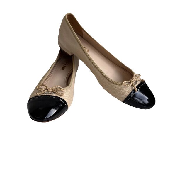 Authentic Prada Size 9 Canvas Colorblock Nude Black Ballet flats With Bow - Picture 1 of 10